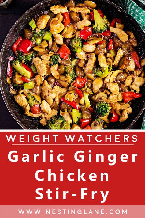 Weight Watchers Garlic Ginger Chicken Stir-Fry Recipe. This quick and easy, Chinese dinner is ready in just 35 minutes. You will need boneless skinless chicken breast, teriyaki sauce, canola oil, broccoli, red bell pepper, carrot, water chestnuts, scallions, chicken broth, ginger root, garlic, sambal oelek, and brown rice. The flavorful Asian meal will be a hit with the whole family. MyWW Points: 8 Green Plan, 8 WW Smart Points. Personal Points will vary per individual plan. Weight Watchers Chicken Breast Recipes, Easy Chinese Dinner, Weight Watchers Chicken Breast, Carrot Water, General Tao Chicken, Healthy Chicken Stir Fry, Garlic Ginger Chicken, Ginger Chicken Recipes, Weight Watchers Food Points