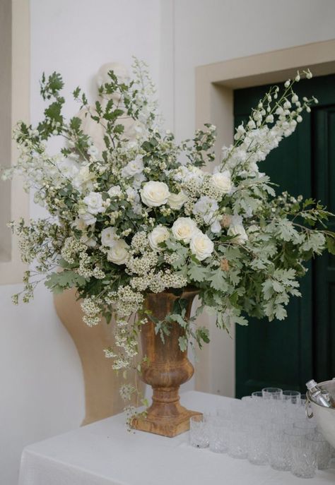 Large Wedding Flower Arrangements, Urn Arrangements, White Urn, White Flower Arrangements, White Roses Wedding, Large Flower Arrangements, Aisle Flowers, Memorial Flowers, Church Flowers