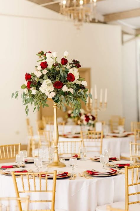 Red And Gold Fall Wedding Table Settings, Red And Gold Centerpieces Wedding, Red Cream And Gold Wedding Decor, Red White Gold Centerpieces, Red White Gold Green Wedding, Red Theme Wedding Reception, Red White And Gold Wedding Centerpieces, Red White And Gold Centerpieces, Red And Gold Wedding Table Decor