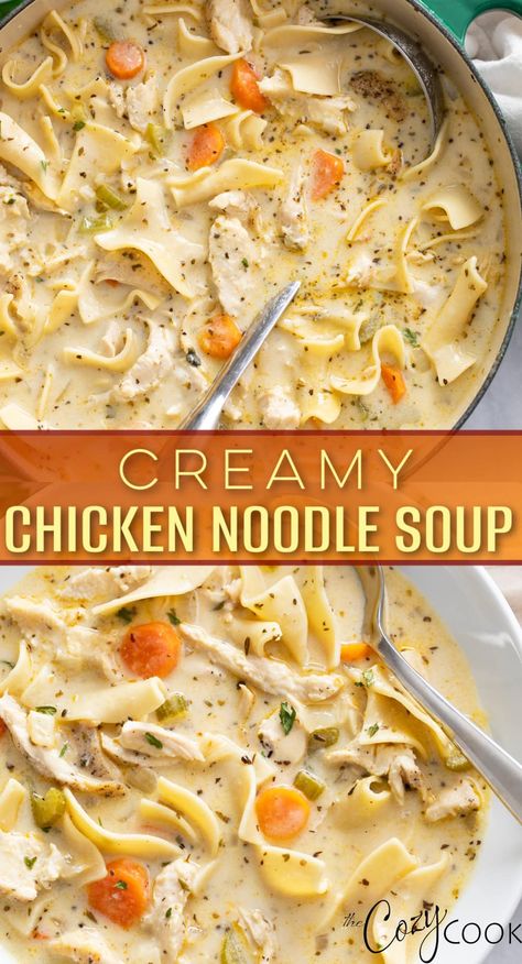 Chicken Noodle Soup Rotisserie, Crockpot Chicken Noodle Soup Recipes, Quick Chicken Noodle Soup, Creamy Chicken And Noodles, Rotisserie Chicken Soup, Chicken Broth Soup, Chicken Noodle Soup Recipe Homemade, Creamy Chicken Noodle, Cozy Cook