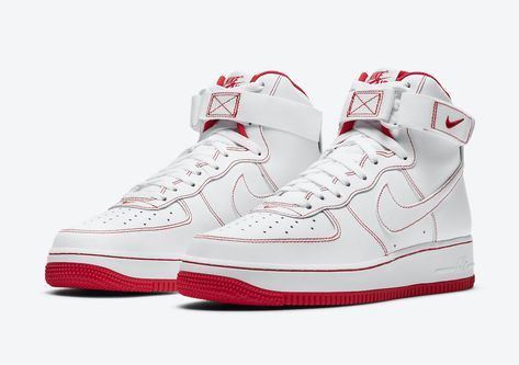 Nike Air Force 1 High White Red Stitching Color: White/Red Style Code: CV1753-100 Release Date: TBA Where to Buy: Nike.com Price: $100 USD Af1 High Tops, Nike Jordan Air 1, Nike Air Force High, High Top Jordans, Nike Essentials, Nike Air Force 1 High, Air Force 1 High, Funky Shoes, Nike Force