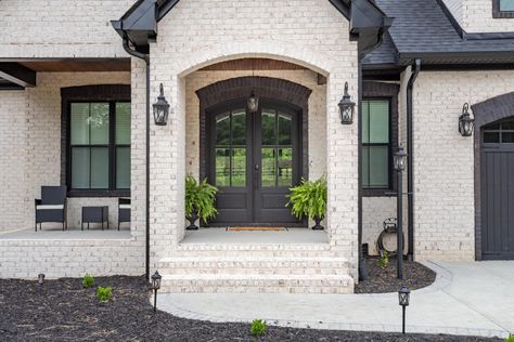 White Brick Inspo - Galleries - Brick Industry Association Grey Shutters Brick House, Half Brick House Exterior, Light Brick House Exterior, Shutters Brick House, Modern French Cottage, Ranch House Exterior, Lake Houses Exterior, Light Brick, Brick Detail