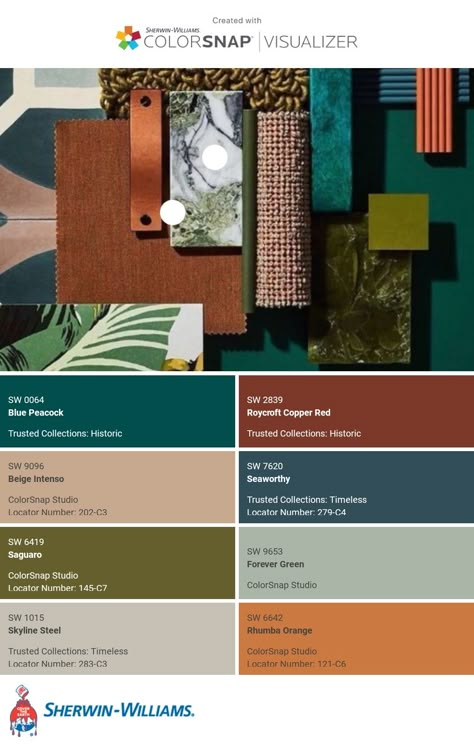 I just created this color palette with the Sherwin-Williams ColorSnap® Visualizer app on my Android phone. What do you think? You can learn more about ColorSnap Visualizer and get it on your phone free by visiting https://www.sherwin-williams.com/content/colorsnap.html. Olive Teal Color Palette, Dark Green Home Color Palette, Green Office Color Palette, Eclectic Color Palette Interiors, Mid Century Boho Color Palette, Earth Tone Eclectic Living Room, Midcentury Modern Living Room Paint Colors, Orange And Green Living Room Ideas, Earthy Jewel Tone Color Palette