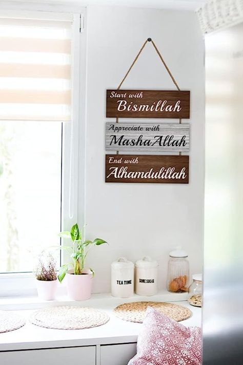 Dazingart Islamic Wood Wall Art Quote - Start with Bismillah, Appreciate with MashaAllah, End with Alhamdulillah, Rustic Arabic Calligraphy Wooden Farmhouse Wall Decor, Muslim Decor Kitchen Sign End With Alhamdulillah, Start With Bismillah, Channel Ideas, Wooden Farmhouse, Youtube Channel Ideas, Kitchen Sign, Art Quote, Kitchen Diy, Farmhouse Wall Decor