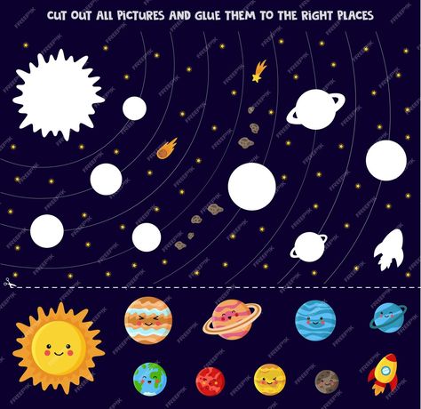 Premium Vector | Cut out all pictures and glue them to the right places. sun and planets in cartoon style. Sun And Planets, Planet Project, Preschool Activities Printable, Planet For Kids, Body Hacks, Vector Cut, Family Art, Paper Crafts Diy Kids, Busy Book