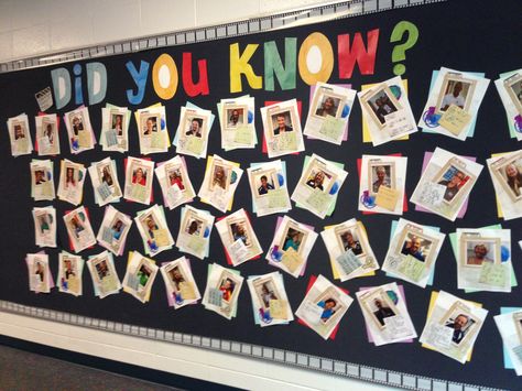 Bulletin Board: Did You Know? Fun facts about staff - put up prior to Back to School Night- see additional pin for close up of one sign Office Bulletin Board Ideas, Staff Bulletin Boards, Unique Bulletin Board Ideas, Counselor Bulletin Boards, Office Bulletin Board, School Counseling Bulletin Boards, Counseling Bulletin Boards, Office Bulletin Boards, Teacher Morale