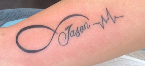 My Little Jason is my heartbeat till the infinity #tattoos #infinity #heartbeat #name Name Jason Tattoo, Heartbeat Infinity Tattoo, Jason Name Tattoo Ideas, Jason Name Tattoo, Husbands Name Tattoo Ideas For Wife, Jason Name, Husband Name Tattoos, Tatto Name, Infinity Name Tattoo