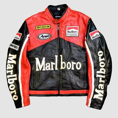 Vintage Marlboro Leather Jacket Racing 1990s RARE Streetwear Leather Racing Jacket Outfit Men, Motorcycle Fashion, Tokyo Aesthetic, Neo Tokyo, Racing Jacket, Men's Outerwear, Vintage Leather Jacket, Bora Bora, Leather Jackets