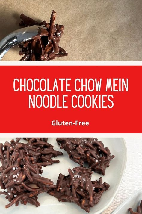 This Chocolate Chow Mein Noodle Cookies No Bake Recipe is a crunchy, chocolatey sweet blend that is perfect for munching! Whip up a batch for your next party or gift these chocolate haystacks to friends and neighbors for a delicious treat. The perfect no-bake dessert that is gluten-free. Chinese Noodle Cookies Chow Mein, Chow Main Cookie, Chocolate Covered Chow Mein Noodles, Chinese Noodle Candy, Chowmein Noodles Cookies, Ting A Lings Recipe Chow Mein, Chinese Noodle Cookies, Chow Mein Cookies, Chow Mein Noodle Cookies