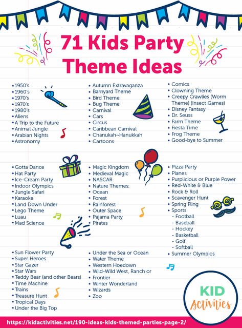 An infographic with 71 kids party theme ideas. #PartyThemes #Birthday #BirthdayPartyIdeas #KidsParties Kids Events Ideas, Latina Outfit, Cute Birthday Ideas, Bday Party Theme, Birthday Party Activities, Kids Birthday Themes, Party Inspo, Birthday Party Planning, Kids Party Themes