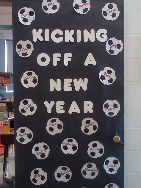 Soccer themed door for the beginning for the school year Soccer Door Decorations Classroom, Soccer Theme Classroom Ideas, Soccer Theme Classroom Door, Sports Decorations School, Sports Hallway Decorations, Soccer Door Decorations, Soccer Bulletin Board, Sports Bulletin Boards, School Sports Theme