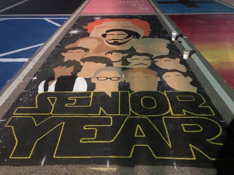 My brother and all his buddies in a star wars theme layout for his senior parking spot Star Wars Senior Parking Spot, Star Wars Parking Spot Painting, Parking Ideas, Senior Year Things, Senior Parking Spot, Parking Spot Painting, Spot Painting, Star Wars Painting, Space Movies