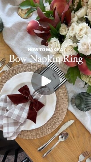 Tableshoppe Co. | Table Decor Bundles and Curated Home Decor on Instagram: "Who else loves a good bow detail?! 🎀 Save for later 🤍  Comment “VELVET” and I’ll send you the link to our velvet bow kit which has everything you need to make 4 napkin rings just like this one. Follow @tableshoppeco to make sure the link makes it to your inbox. 📥   1.) Cut your ribbon into 4 even pieces 2.) Tie your ribbon into a bow and cut the tails to make them even  3.) Thread the provided twist tie through the knot of the bow (sometimes this is easiest on the front of the knot) 4.) Then move the twist tie to the back of the bow, and tighten by twisting 5.) Create a ring shape and twist the ends of the tie together  6.) pull your napkin through the ring and adjust your bow as needed!   I am in LOVE with this Bow Napkin Ring, Napkin Tied With Ribbon, Velvet Tablescape, Bow Napkin, Paper Napkin Folding, Napkin Rings Diy, Thanksgiving 2024, How To Tie Ribbon, Fabric Napkin