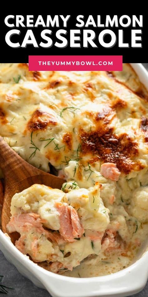 Salmon Cauliflower Casserole is a delicious pasta-free dish that combines seafood and vegetables in a luscious white sauce for a hearty yet low-carb meal option your whole family will love. Fish Casserole Recipes, Salmon Cauliflower, Salmon And Vegetables, Salmon Casserole, Fish Casserole, Seafood Casserole Recipes, Creamy Salmon, Canned Salmon Recipes, Easy Casserole Dishes