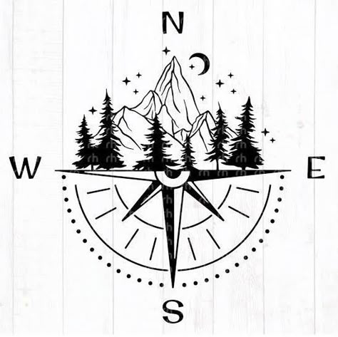 Compass Drawing Ideas, Wander Drawing Ideas, Western Compass Tattoo, Camping Drawing Illustrations, Mountain Compass Tattoo, Compass Mountain Tattoo, Wander Drawing, Compass Drawing Design, Nature Compass Tattoo