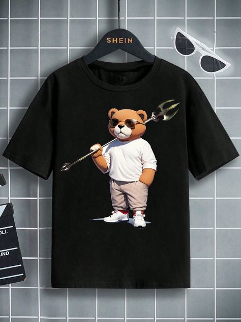 Teen Boy's Cartoon Printed Short Sleeve T-Shirt Black Casual  Short Sleeve Knitted Fabric Cartoon  Medium Stretch  Teen Boys Clothing, size features are:Bust: ,Length: ,Sleeve Length: Black And White T Shirts, Teen Boy Outfits, Boys Graphic Tee, Teen Boy, Boys Top, Cute Tshirts, Boys Clothing, Kids Sleepwear, Boys T Shirts