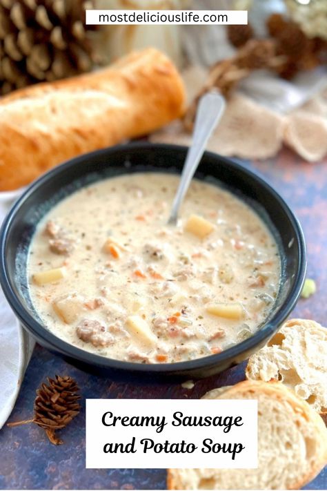 Sausage, carrots, onions and potatoes in a rich creamy soup. Add bread for a perfect, cozy meal. Farmer Sausage Soup Recipes, Country Sausage Soup, Easy Sausage Potato Soup, Creamy Potato Sausage Soup, Potato Soup Cream Cheese, Pork Sausage Soup, Creamy Sausage And Potato Soup, Potato Soup With Sausage, Potato And Sausage Soup