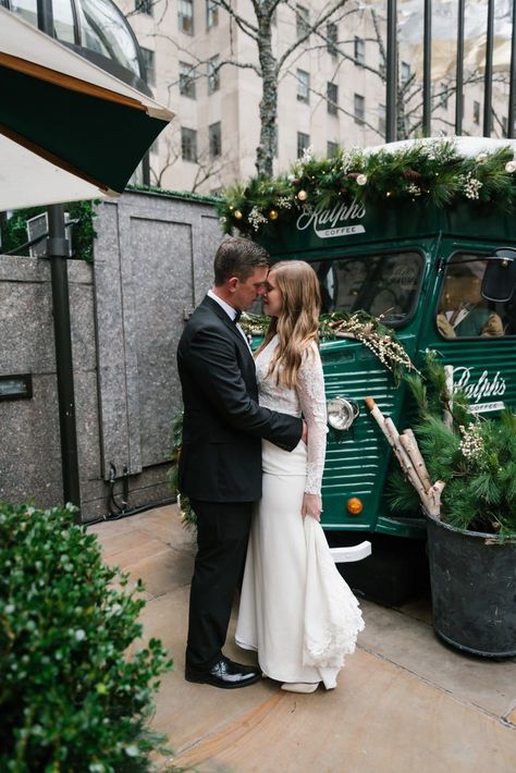 Christmas wedding photo | Winter New York City Elopement for $10K • Real Wedding on The Budget Savvy Bride | Click on the link to see more diy and chip wedding ideas and inspiration on TheBudgetSavvyBride.com Winter New York, Rockefeller Center Christmas Tree, Rockefeller Center Christmas, Brooklyn Bride, City Elopement, Budget Bride, Park Photography, Wedding Planning Advice, Ceremony Venue