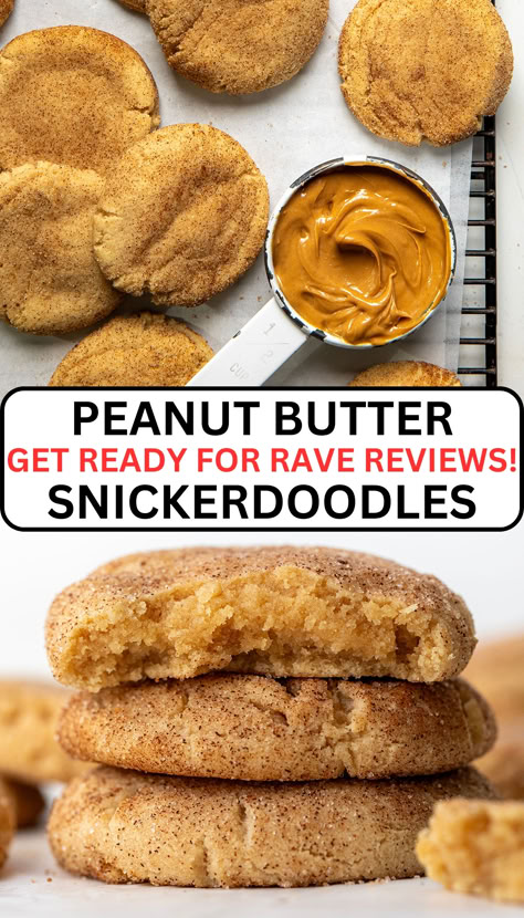 one image shows cookies around a measuring cup full of peanut butter. the second image shows three stacked up with a bite out of one Peanut Butter Snickerdoodle Cookies, Cinnamon Peanut Butter Cookies, Peanut Butter Snickerdoodles, Baking With Peanut Butter, Peanut Butter Baked Goods, Gem Cookies, Soft Chewy Peanut Butter Cookies, Cheesecake Easy, Cup Cookies