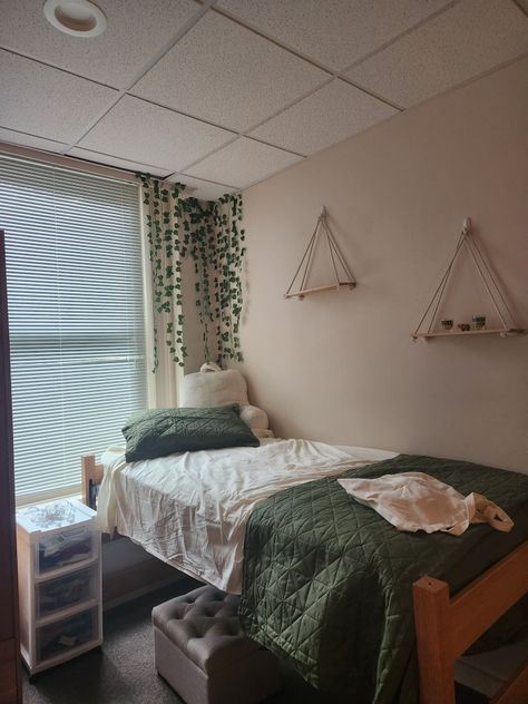 Green dorm room boho Green And Brown Dorm Room, Forest Green Dorm Room, Dark Green Dorm Room Ideas, Sage Green Dorm Room, Green Dorm Room Ideas, Green Dorm Room, Dorm Color Schemes, Dorm Room Themes, Room Ideas Dark