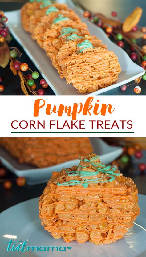 pumpkin-corn-flake-treats Corn Flake Treats, Rice Crispy Bars, Pumpkin Shaped Cookies, Flake Recipes, Corn Flakes Cereal, Corn Flake, Thanksgiving Meals, Easy Halloween Food, Marshmallow Treats