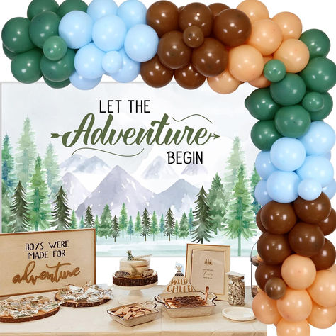 Let the adventure Begin baby shower decor. #ad #babyshower #lettheadventurebegin Gone Fishing Baby Shower, Baby Shower Fishing, Adventure Awaits Baby Shower, Woodland Animal Birthday, Woodland Baby Shower Decorations, Baby Backdrop, Adventure Baby Shower, Let The Adventure Begin, Adventure Baby