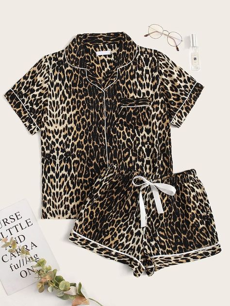 Leopard Print Drawstring Waist PJ Set | SHEIN USA Target 2022, Cheetah Shoes, Leopard Pajamas, Leopard Shorts, Comfortable Lounge, Comfortable Loungewear, Jewelry Decor, Womens Pyjama Sets, Printed Drawstring