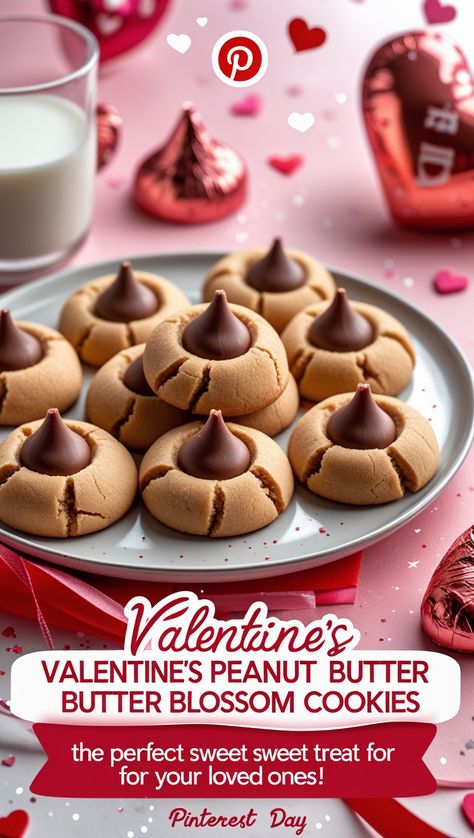 A vertical pin featuring a rustic wooden table with a plate of golden-brown Peanut Butter Blossom Cookies, each topped with a shiny Hershey's Kiss. Surround the plate with heart-shaped sprinkles, a few scattered sugar crystals, and a small vase of red roses. The background is soft pink with subtle glitter effects. Birthday Baskets For Him, Soft Chewy Peanut Butter Cookies, Peanut Butter Blossom, Creaming Method, Cookie Gift Baskets, Cookies Light, Seasonal Baking, Peanut Butter Blossom Cookies, Chewy Peanut Butter Cookies