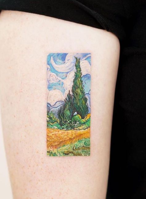 Van Gogh Cypress Tree Tattoo, Impressionism Tattoo, Van Gogh Tattoo Black And White, Famous Artwork Tattoo, Van Gogh Sunflower Tattoo, Vincent Van Gogh Tattoo, Van Gogh Tattoos, Monet Tattoo, Van Gogh Flower Paintings