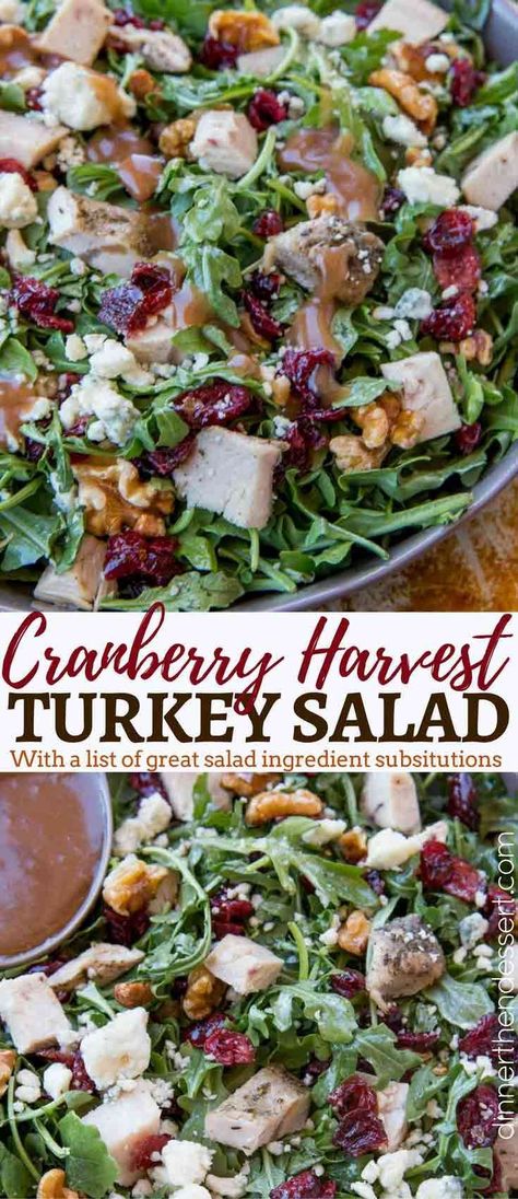 Cranberry Harvest Turkey Salad made with arugula, turkey breast, cranberries, gorgonzola, and walnuts with a delicious and easy balsamic vinaigrette. Turkey And Cranberry, Dessert Salad Recipes, Dinner Then Dessert, Salad Dinner, Turkey Salad, Cranberry Salad, Main Dish Salads, Dessert Salads, Balsamic Vinaigrette