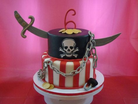 This cake was inspired by a Sharon Zambito design. It's a 10 and 8 inch round covered in fondant.  The #6, chain, coins, hook and sword were alll made from fondant.  The skull and crossbones is an edible image.  TFL!! Pirate Birthday Cake, Pirate Themed Birthday Party, Pirate Themed Birthday, Pirate Cake, Pirate Birthday Party, Childrens Birthday Cakes, Pirate Birthday, 1st Birthday Cake, Edible Images