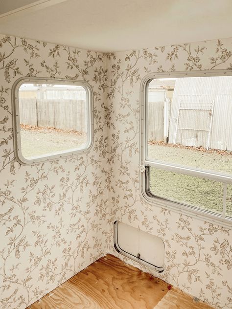 Camper Wallpaper, Rv Wallpaper, Camper Flooring, Woodland Wallpaper, Diy Camper Remodel, Small Campers, Rv Renovations, New Toilet, Camper Living