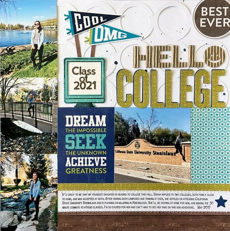 College Layout, Scrapbook College, College Scrapbook, Senior Scrapbook Ideas, Senior Year Scrapbook, Scrapbook School, Bridal Shower Scrapbook, School Scrapbook Layouts, Graduation Scrapbook