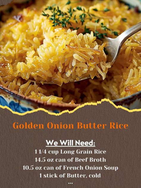 Spaghetti Hotdish, Beef Broth Recipe, Buttered Rice Recipe, Onion Rice, Onion Butter, Potatoes And Rice, Delicious Rice, Cooking For 2, Potato Pasta