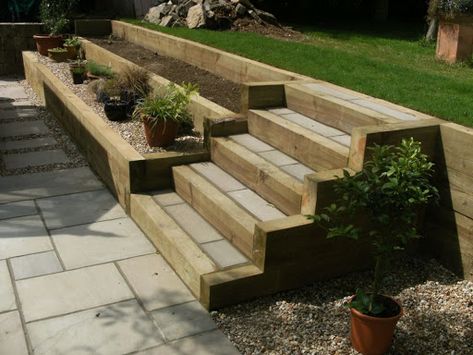 Garden Sleepers, Sleeper Steps, Sleepers In Garden, Sloping Garden, Backyard Retaining Walls, Terraced Garden, Sloped Backyard Landscaping, Garden Retaining Wall, Raised Patio