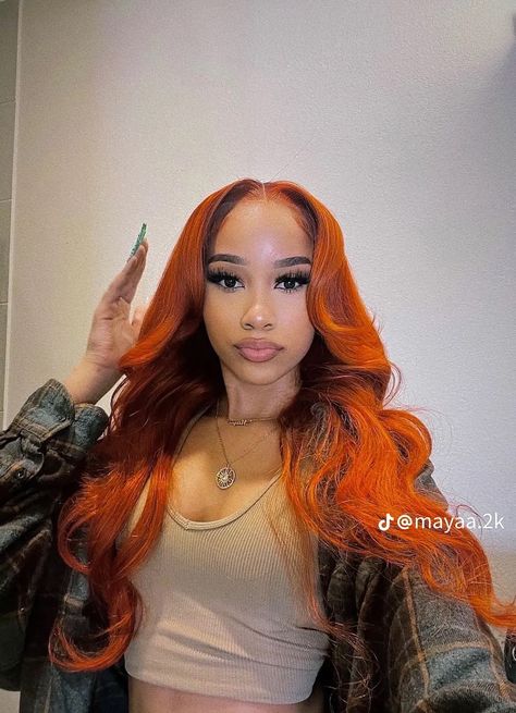 Orange Lace Front Wigs Black Women, Natural Wig Colors Black Women, Cute Long Wigs, Middle Part Ginger Wig, Colored Lace Fronts, Ginger Wig Black Women, Orange Hair Black Women, Orange Hair Color Ideas, Orange Hair Color