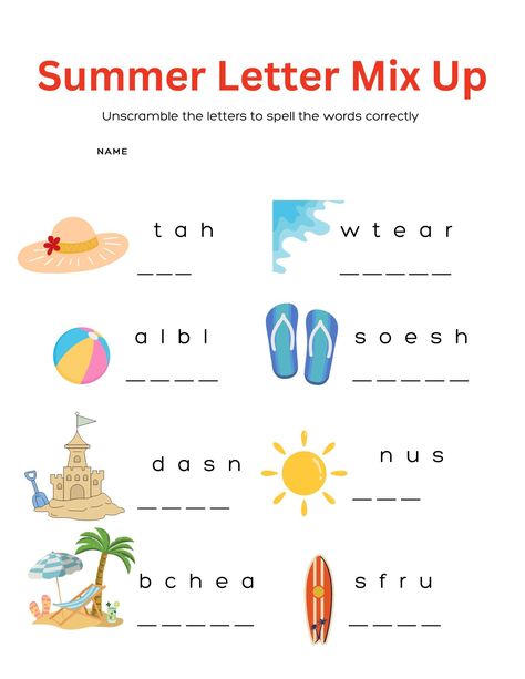 FREE Word Summer Word Scramble Printable Puzzles for Kids — xoxoerinsmith.com Summer Worksheets For Kids, Jumble Word Puzzle, Word Scramble For Kids, Word Puzzles For Kids, Club Games, Summer Puzzle, Summer Vocabulary, Jumbled Words, Spelling For Kids