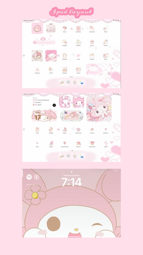 My melody themed iPad layout #sanrio #mymelody #ipad #aesthetic Ios Notes, Tablet Organizer, Ipad Layout, Ipad Lockscreen, Ipad Organizer, Ipad Hacks, Ipad Aesthetic, Cute Wallpapers For Ipad, My Melody Wallpaper