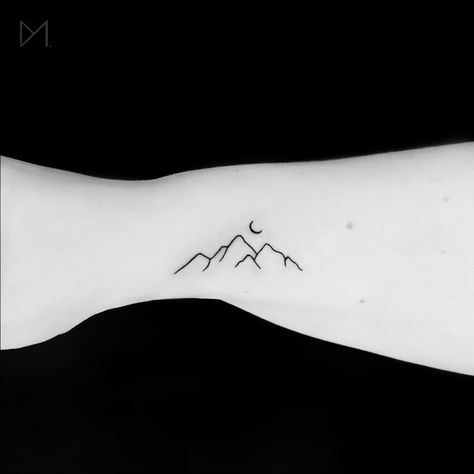 Moon & Mountains Tattoo Mountain And Moon Tattoo Simple, Mountains With Moon Tattoo, Small Mountain And Sun Tattoo, Simple Fine Line Mountain Tattoo, Mountain Outline Tattoo Simple, Mountain Tattoo With Moon, Mountain Tattoo Ankle, Small Tattoos Mountains, Moon Mountain Tattoo