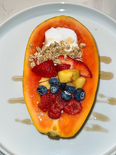 Papaya Yogurt Bowl, Papaya Bowl, Yogurt Bowls, Tropical Desserts, Fruit Strawberry, Yogurt Bowl, Aerial Yoga, Health And Wellbeing, Gorgeous Hair