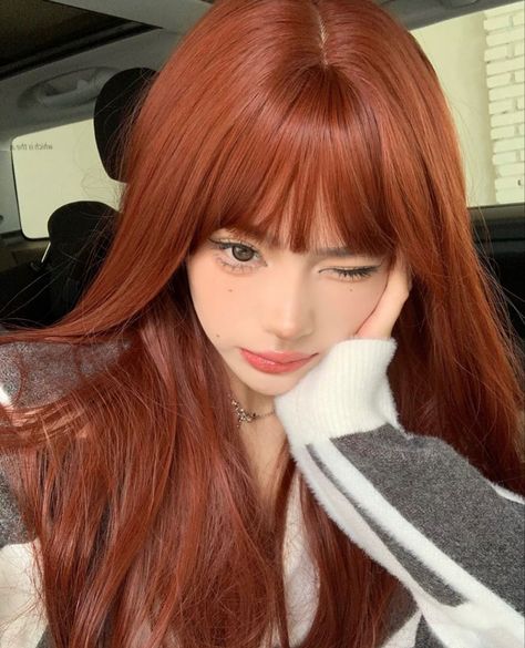 Brick Orange Hair, Kpop Ginger Hair, Muted Orange Hair, Orangy Red Hair, Cool Toned Orange Hair, Korean Copper Hair, Korean Ginger Hair, Orange Hair Korean, Ginger Hair Korean