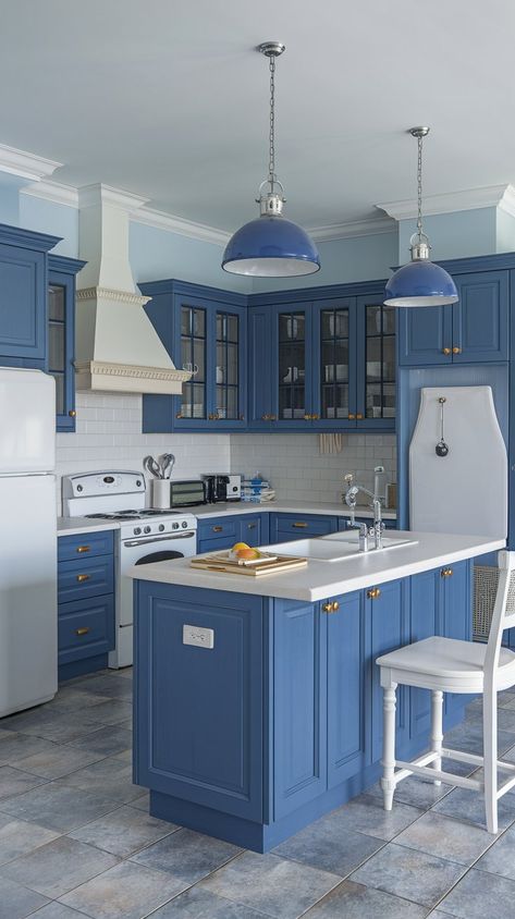 13 Blue Kitchen Ideas You’ll Adore – My Blog Light Blue Kitchen, Blue Kitchen Ideas, Blue Kitchen Walls, Kitchen Pop, Blue Kitchen Designs, Kitchen Table Oak, Blue Bar Stools, Light Blue Kitchens, White Tile Backsplash