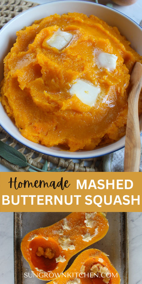 A bowl of mashed butternut squash from roasted whole squash with butter and brown sugar. Butternut Squash Recipes Mashed, Butternut Squash Rolls, How To Make Butternut Squash, Mashed Butternut Squash Recipes, Easy Butternut Squash Recipes, Butternut Mash, Hubbard Squash Recipes, Butternut Squash Recipes Healthy, Butternut Squash Recipes Easy