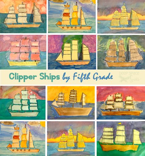 Watercolor Clipper Ships Art Lesson | Deep Space Sparkle Creative Art Projects, First Fleet, Deep Space Sparkle, Color Wheels, Colonial Art, 6th Grade Art, Wayne Thiebaud, Clipper Ship, 4th Grade Art