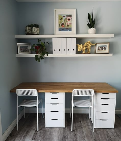 Double Desk In Bedroom, Kids Desk Area Ikea, Small 2 Desk Office, Desks For Twins, Ikea Desk For Two Kids, Desk For 2 Kids, Ikea Alex Double Desk, Ikea Double Desk Ideas, Ikea Desk For Two