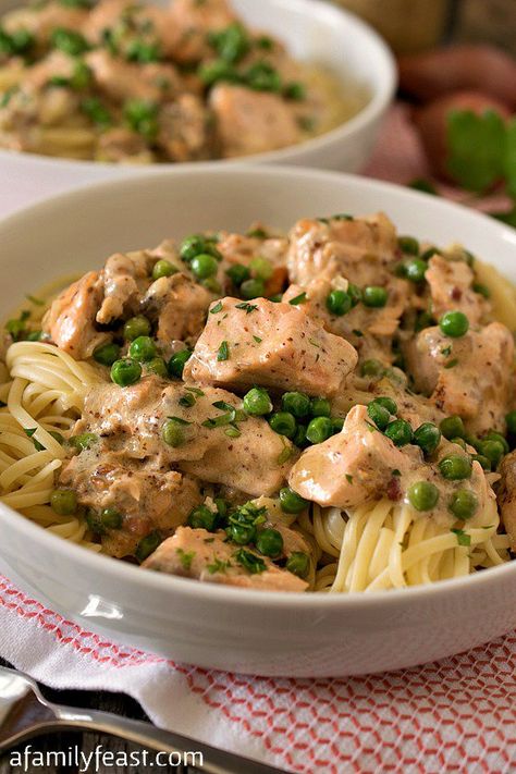 Creamed Salmon and Peas Over Linguini - Tender chunks of salmon sautéed in a wonderful cream and mustard sauce that is flavored with pancetta and shallots, then served over linguini. (It’s incredible!) Creamed Salmon, Salmon And Peas, John Russell, Mustard Sauce, Family Feast, Fish Dishes, Seafood Dishes, Shallots, Salmon Recipes