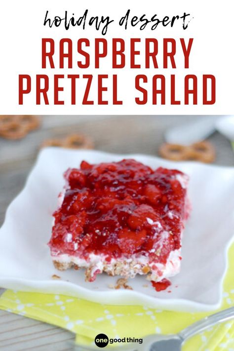 a slice of raspberry pretzel salad with text overlay that reads 'holiday dessert raspberry pretzel salad' Raspberry Pretzel Jello, Pretzel Jello Salad, Raspberry Pretzel Salad, Pretzel Jello, Jello Pretzel Salad, Pretzel Salad Recipe, Holiday Desserts Thanksgiving, Delicious Thanksgiving Desserts, Pretzel Desserts