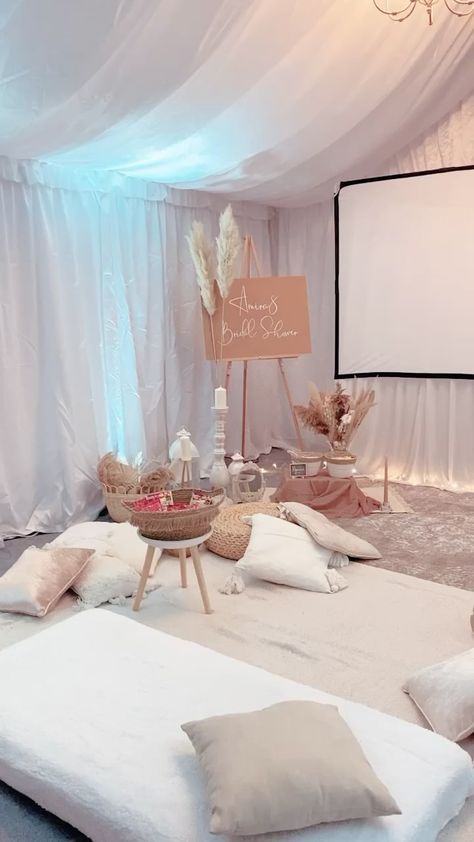 Movie Night Bridal Shower Ideas, Movie Night Setup Indoor, Bridal Shower Indoor, Aesthetic Bookmarks, Party Inspo, Bach Party, Bride Tribe, Bridal Shower Theme, Dorm Decor