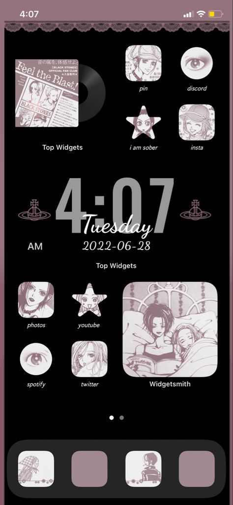 Nana Phone Aesthetic, Phone Widget Aesthetic Black, Anime Phone Widgets, Theme For Phone Screen, Cute Phone Themes Black, Matching Phone Themes, Nana Themed Homescreen, Music Phone Theme, Nana Anime Wallpaper Iphone