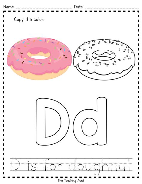 D is for Doughnut: Paper Pasting Activity - The Teaching Aunt Letter D Preschool, Easy Paper Snowflakes, Preschool Freebies, Preschool Apple Activities, Alphabet Wall Cards, Paper Snowflake Designs, Letter D Crafts, Color Worksheet, Snowflakes Design